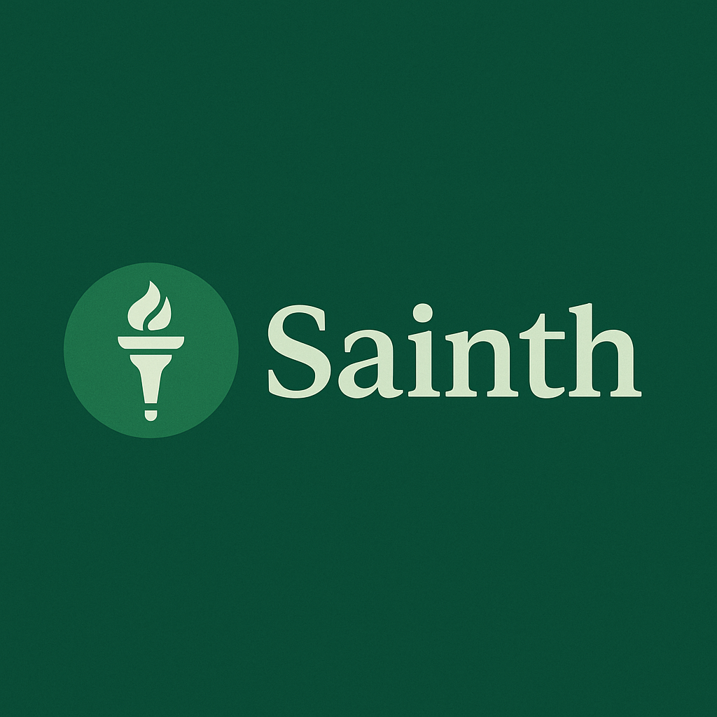 Sainth logo banner featuring a minimalist white torch icon inside a green circle, paired with the word "Saint" in elegant serif lettering on a deep green background, representing AI literacy, knowledge, and professionalism.